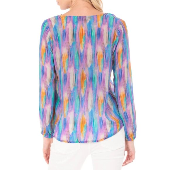 APNY Blouse Size Medium Tie Front Long Sleeve Multicolor Artistic Shades Print - Picture 2 of 9